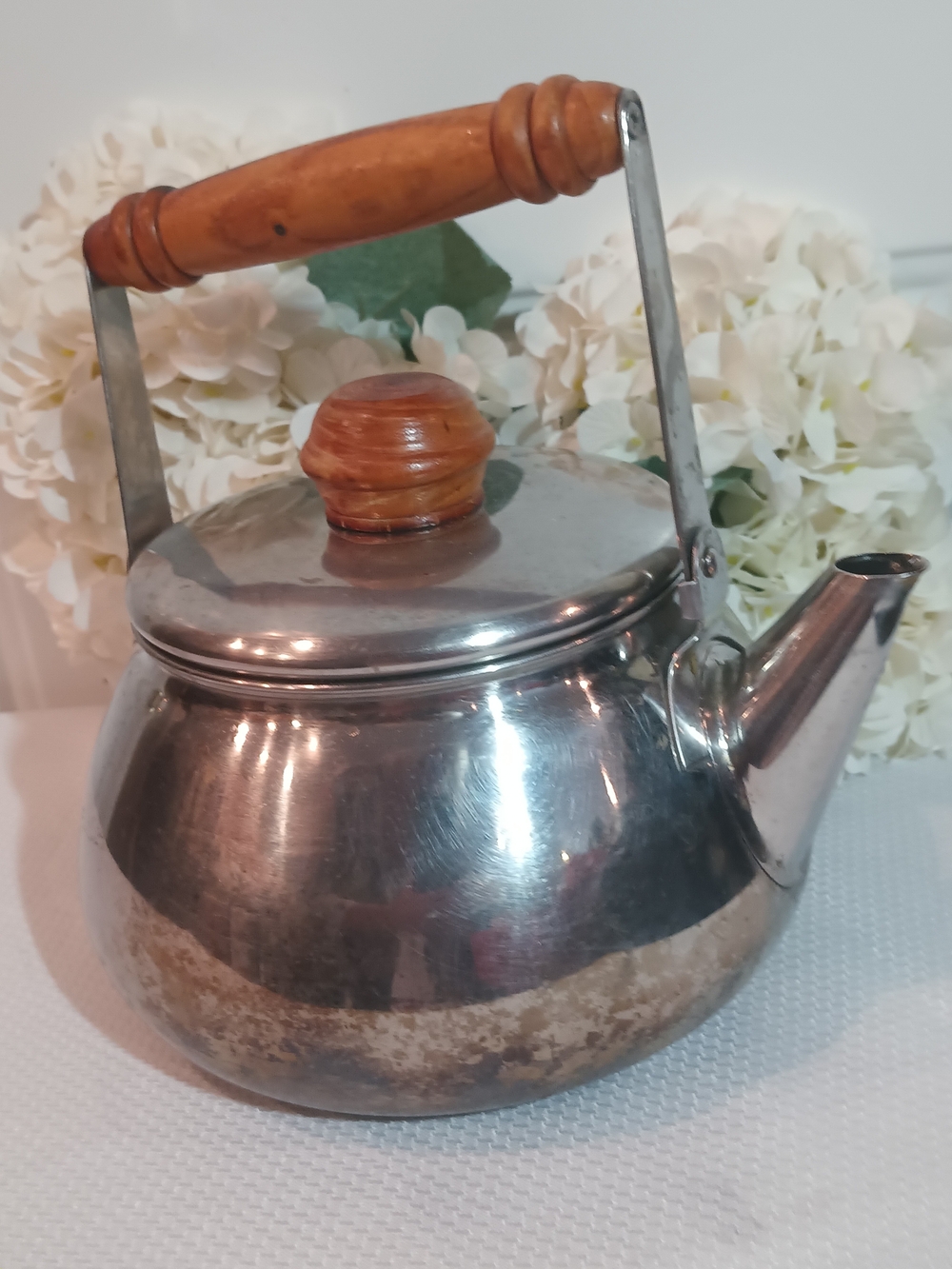Stainless Steel Teapot with Brown Wooden Handle and Knob